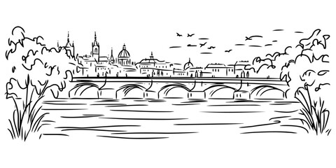 Fototapeta premium detailed drawing of european architecture and river – black vector