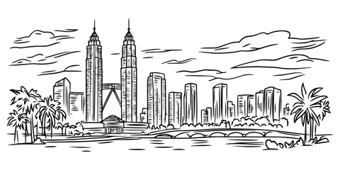 Fototapeta premium hand-drawn kuala lumpur city skyline with petronas towers – black vector