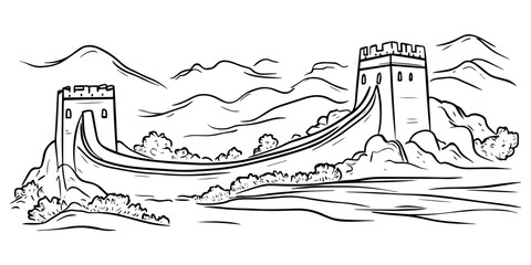 Fototapeta premium minimalist sketch of historic great wall of china – black vector