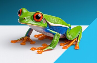 Obraz premium Originating from the tropical rainforests of Costa Rica and Panama, the red-eyed tree frog is an adorable and unusual animal with striking eyes, shown isolated on a white background.