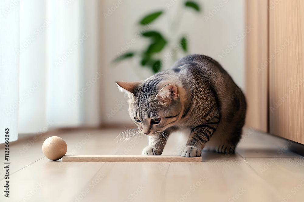 Poster A tabby cat playing with a ball-and-track toy on a wooden floor in a minimalistic room.