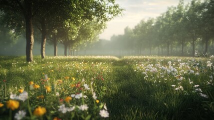 Obraz premium Nature-inclusive or circular and sustainable agriculture with wild flowers along potato field in the Netherlands, Europe