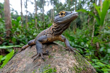 A Komodo dragon, scientifically known as Varanus komodoensis, perched on a stone.