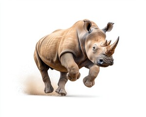 Obraz premium A rhinoceros leaps against a plain white background, created using generative AI.