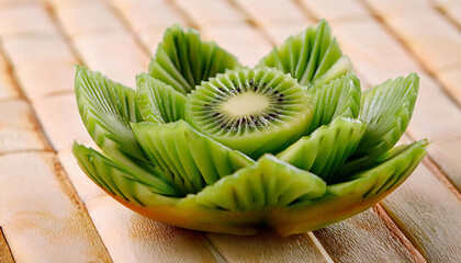 Zielony owoc kiwi. Carving, rzeźbienie w owocach. Wzór kwiatu