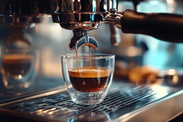 Sleek modern coffee machine pouring espresso into glass cup in a bright and inviting kitchen