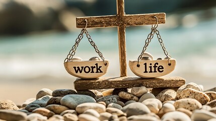 A wooden balance scale with "work" and "life" text placed on pebbles, emphasizing the concept of work-life balance with a natural, serene backdrop