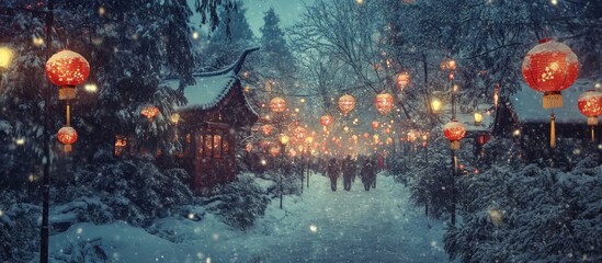 Fototapeta premium Snow covered pathway lined with illuminated lanterns and wooden houses.