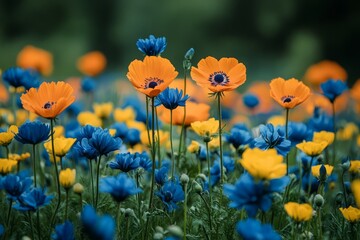 Obraz premium Colorful wildflower field blossoming in springtime sunlight