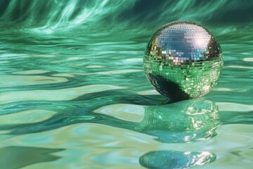 Aquamarine festive backdrop with a shimmering disco ball on a reflective green surface