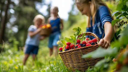A family pausing to pick wild berries along the trail during a summer hike their baskets filling with fruit.