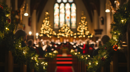 Obraz premium A festive Christmas choir concert in a decorated church with garlands and twinkling lights hanging from the rafters.