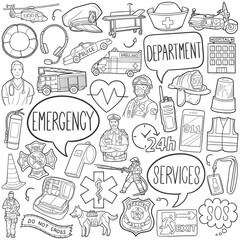 Emergency Doodle Icons Black and White Line Art. Essential Workers Clipart Hand Drawn Symbol Design.