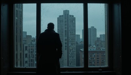 Fototapeta premium A shadowy figure standing at a window, gazing at a rainy cityscape, with droplets running down the glass