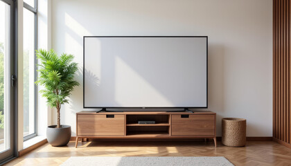 Fototapeta premium Modern living room with a sleek television and stylish decor featuring natural light and greenery in a serene ambiance