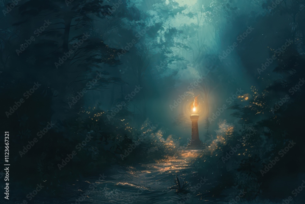 Poster mysterious forest pathway illuminated by a flickering lantern surrounded by lush greenery at twiligh