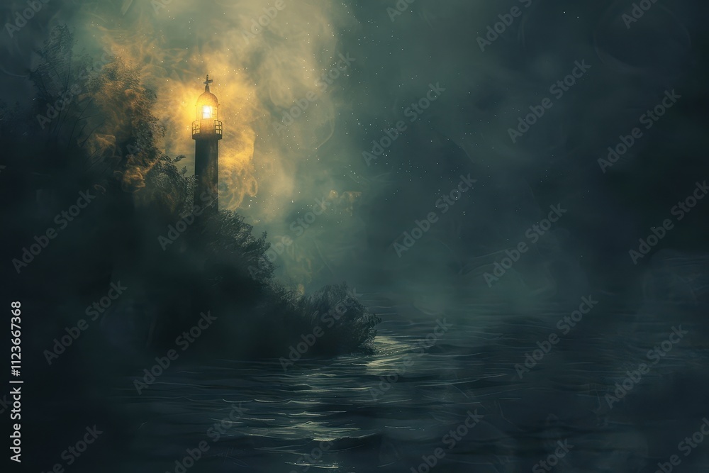 Poster Mysterious forest pathway illuminated by a flickering lantern surrounded by lush greenery at twilight