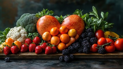 A vibrant arrangement of fruits and vegetables shaped like a heart.