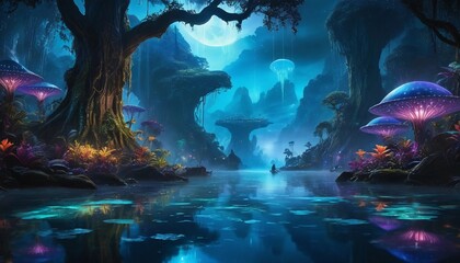 Obraz premium Discovering a mystical world filled with luminescent flora and a tranquil waterway beneath glowing moons. Generative AI
