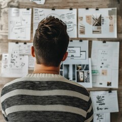Naklejka premium Person reviews striped sweater, sketches pinned on wall.