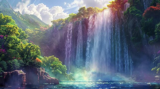 Majestic tall waterfall flowing down a rocky cliff with lush green surroundings  
Seamless looping 4k time-lapse virtual video animation Generated AI