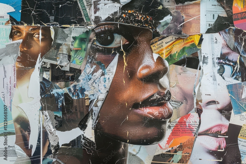 Poster diverse artistic collage featuring woman portraits showcasing various expressions and styles in an u