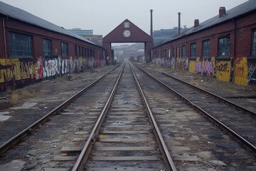 Obraz premium Vibrant graffiti brightens a rundown industrial area with empty railway tracks ahead