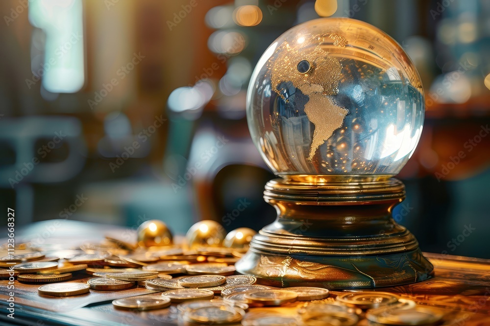 Poster money reflected in crystal ball on scattered dollar bills with sparkling light effects in a close-up