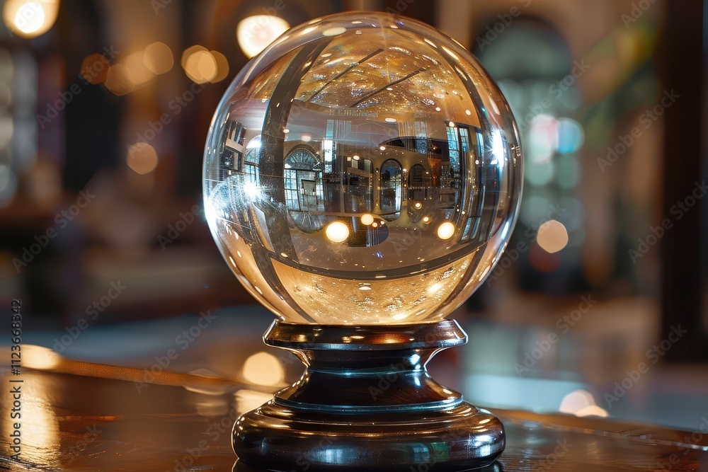 Poster money reflected in crystal ball on scattered dollar bills with sparkling light effects in a close-up