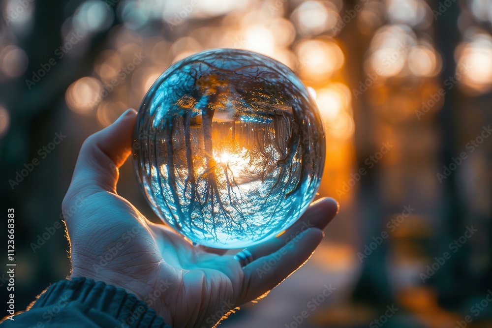 Poster money reflected in crystal ball on scattered dollar bills with sparkling light effects in a close-up