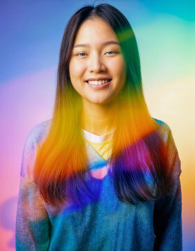 Portrait d'une jolie jeune femme eurasienne cheveux longs, reflets de lumi&egrave;re multicolores