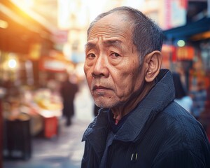 Fototapeta premium An elderly Asian man gazes thoughtfully in a bustling market, reflecting the essence of life's experiences.