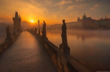 Obraz premium Sunrise illuminates Charles Bridge and the old town towers of Prague, Czech Republic