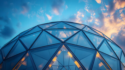 A futuristic geometric dome made of triangular glass panels glowing under the evening sky.