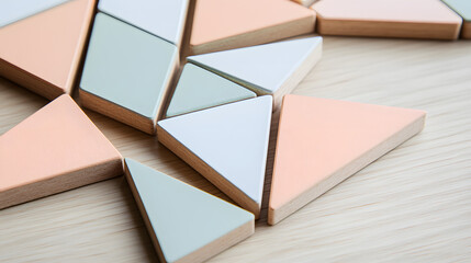 A geometric puzzle game with interlocking shapes in soft pastel tones laid out on a minimalist wooden table.