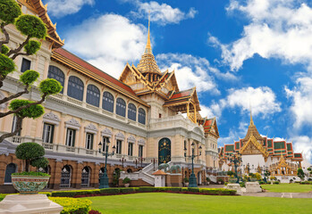 Royal Grand Palace in sunny day with blue sky on the background in Bangkok, Thailand