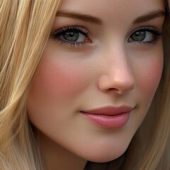 Close-up of a young Caucasian woman with striking blue eyes and blonde hair, radiating a soft, natural beauty.