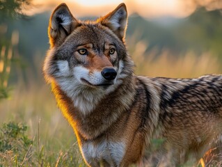 Obraz premium A red wolf moves elegantly through tall grass, illuminated by the warm glow of the setting sun