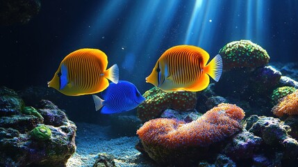 Obraz premium A thriving coral reef bustling with diverse marine life, featuring colorful fish exploring their underwater habitat