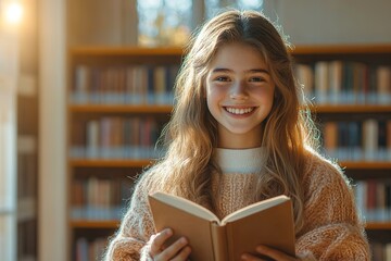 smiling teenager holds open book standing in sunlit library with shelves softly blurred in background copy space