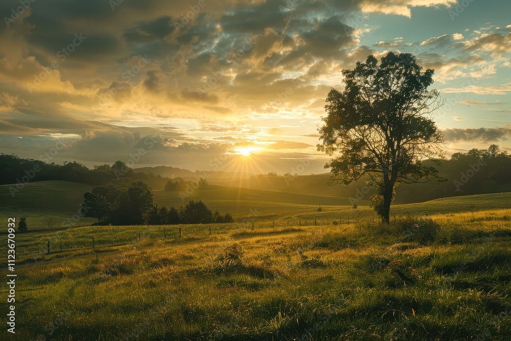 Poster morning fog envelops a tranquil dirt path beside a rustic fence as the sun rises over a serene count