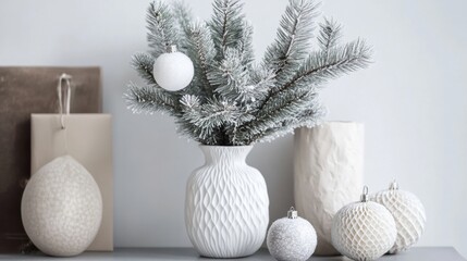 Scandinavian holiday decor with frosted pine branches in a vase and paper ornaments for a cozy winter vibe