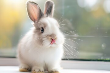 Cute white bunny licking its nose while sitting by a window with a blurred outdoor background on a sunny day in spring