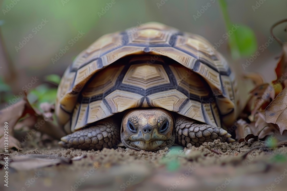 Poster tortoise restfully perched on the ground in a natural habitat with soft, blurred background details 