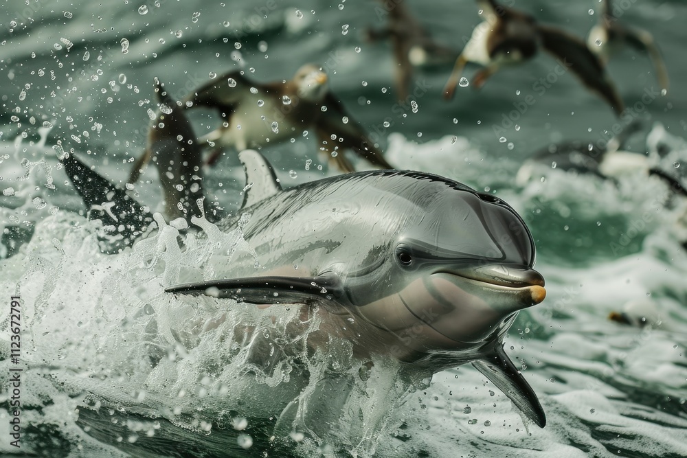 Poster captivating dolphins leap through ocean waves as seabirds fly above in a dynamic marine environment