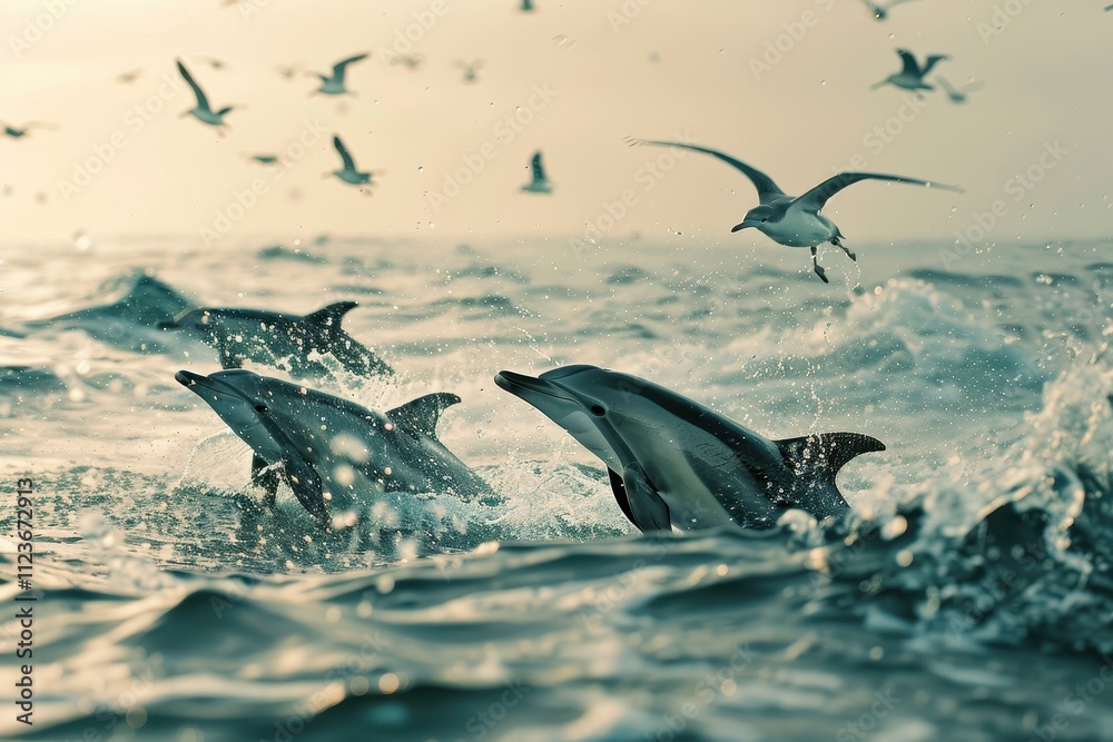 Aufkleber captivating dolphins leap through ocean waves as seabirds fly above in a dynamic marine environment