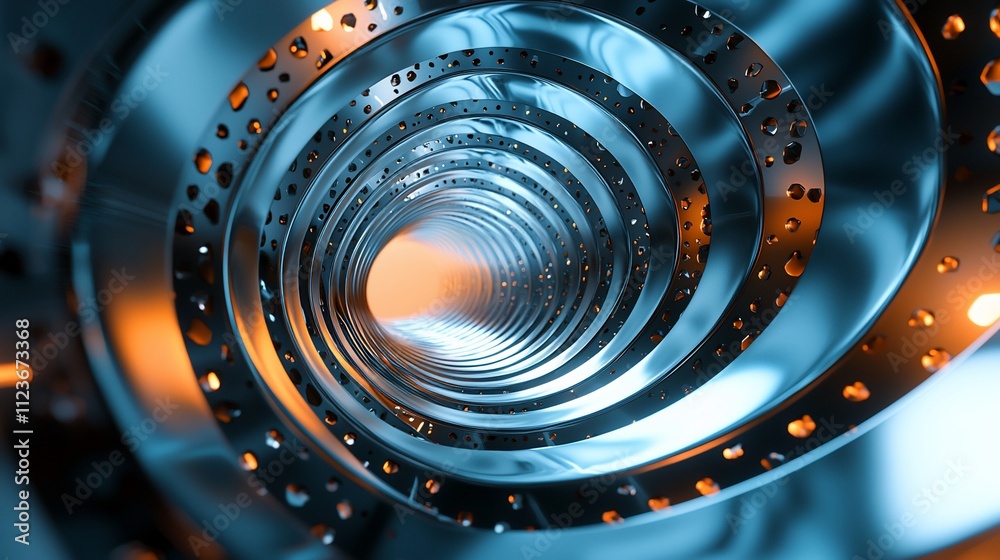 Poster abstract metallic spiral tunnel with glowing orange light at the end.