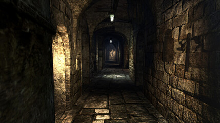 Obraz premium A narrow passage in a cellar, where strange markings on the walls seem to pulse faintly in the darkness.