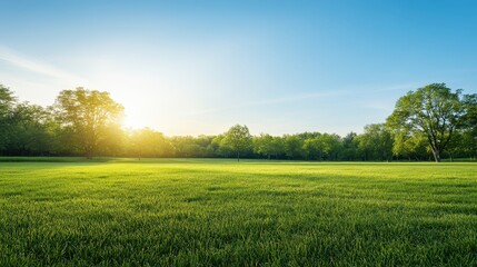 Fototapeta premium A serene landscape featuring lush green grass and trees under a clear blue sky, illuminated by soft morning sunlight, Ideal for nature-themed projects, wellness content, or outdoor activities,