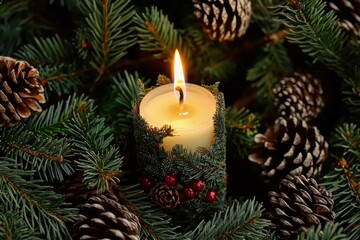 Festive candle surrounded by pine branches and pinecones creates a warm holiday atmosphere
